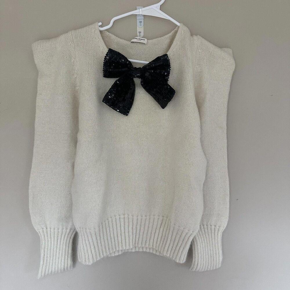 Saint Laurent  BOW SWEATER IN IVORY WOOL AND MOHAIR AND BLACK SEQUINS IN CREAM